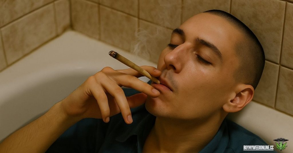 a close up shot of a person smoking weed on their bathtub