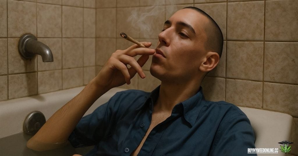 dude with a blue polo in a bathtub smoking weed