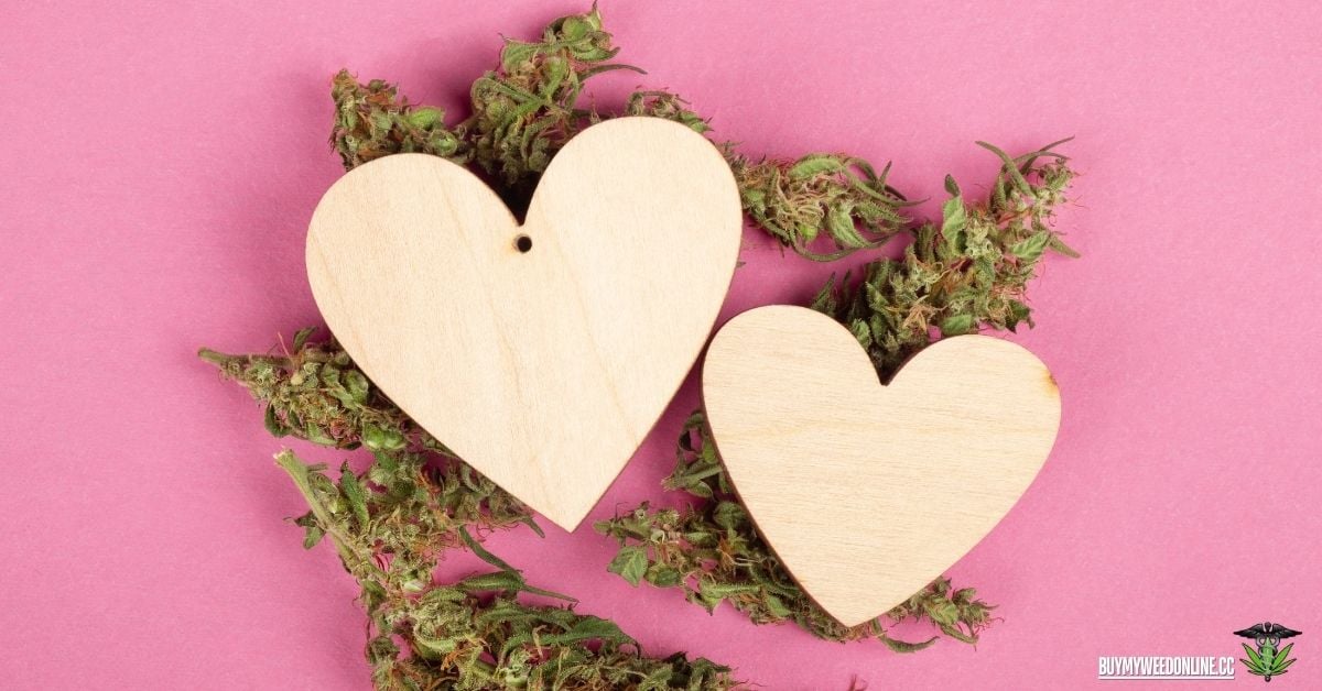 weed with couple of hearts and a pink background