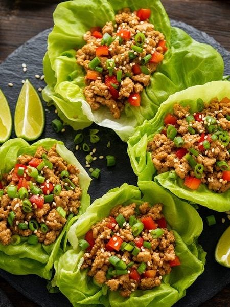 Chicken lettuce cups with butter lettuce, seasoned ground chicken, red pepper and sesame seeds