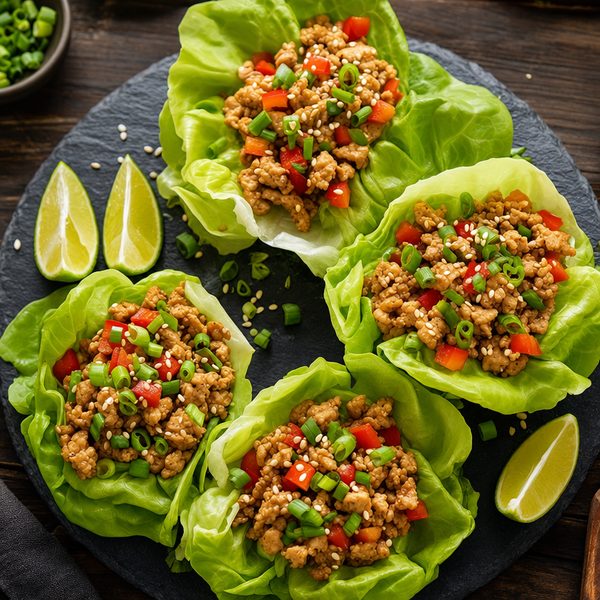 Chicken lettuce cups with butter lettuce, seasoned ground chicken, red pepper and sesame seeds