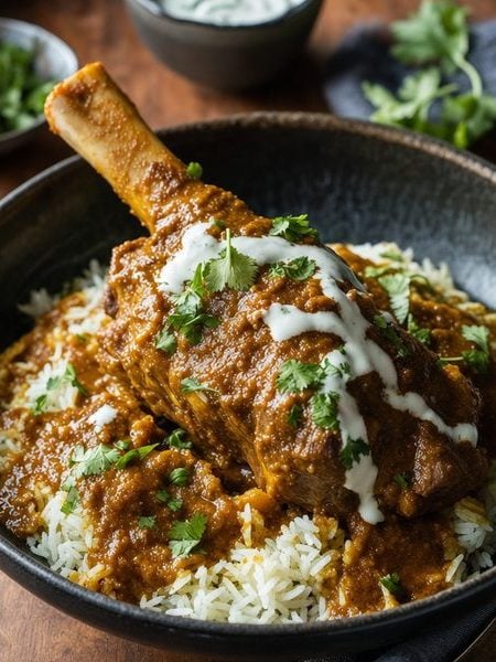 Curried lamb shank over rice with cilantro and yogurt drizzle
