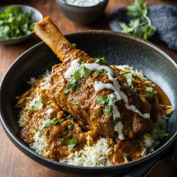 Curried lamb shank over rice with cilantro and yogurt drizzle