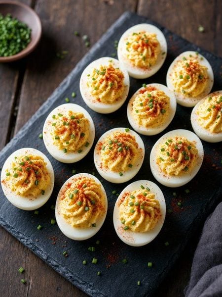 Deviled eggs with creamy yolk filling, paprika and chives on a slate board