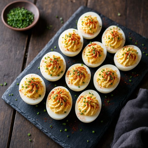 Deviled eggs with creamy yolk filling, paprika and chives on a slate board