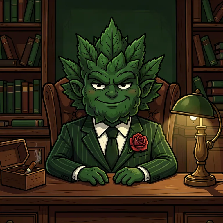 Godfather OG strain art - bud don character in a pinstripe suit at a desk, psychedelic illustration