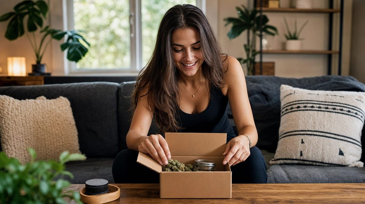 Woman unboxing a cannabis delivery at home - mail order weed guide | BMWO
