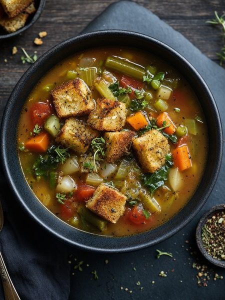Vegetable Soup with Infused Garlic Croutons - professional food photography | BMWO